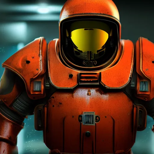 Image similar to spacemarine spacehelmet, dark armor, glowing neon orange details, full body, dark space background, clear lines, cinematic lighting, 4k, hyperrealistic, god rays, high details, unreal engine 5, cinematic