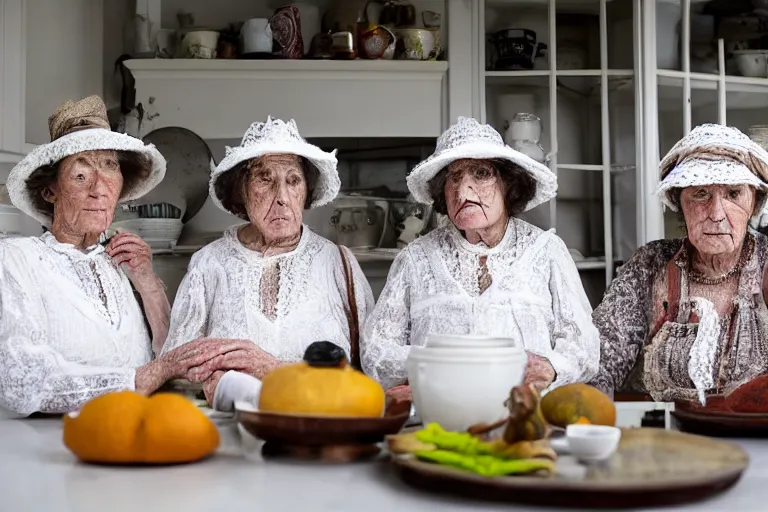 Image similar to close up of three old women from brittany with hats in white lace and folk costumes in a kitchen. they look visibly angry