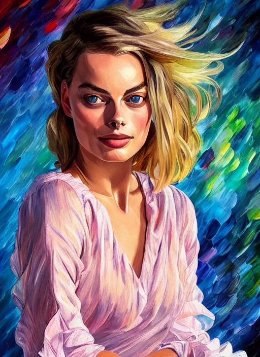 Image similar to margot robbie, frilly blouse, jeans, half body shot, path traced, highly detailed, high quality, digital painting, alena aenami, leonid afremov, lilia alvarado, shinji aramaki, karol bak, alphonse mucha, tom bagshaw