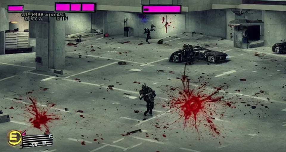 Image similar to 1988 Video Game Screenshot of Neo-tokyo Cyborg bank robbers vs police, Set inside of Parking Garage, Dark, Multiplayer set-piece Ambush, Tactical Squads :10, Police officers under heavy fire, Suppressive fire, Pinned down, Destructible Environments, Gunshots, Headshot, Bullet Holes and Anime Blood Splatter, :10 Gas Grenades, Riot Shields, MP5, AK45, MP7, P90, Chaos, Anime Machine Gun Fire, Gunplay, Shootout, :14 FLCL + Jet Grind Radio, Cel-Shaded:17, Created by Katsuhiro Otomo + Hideo Kojima + Arc System Works: 20