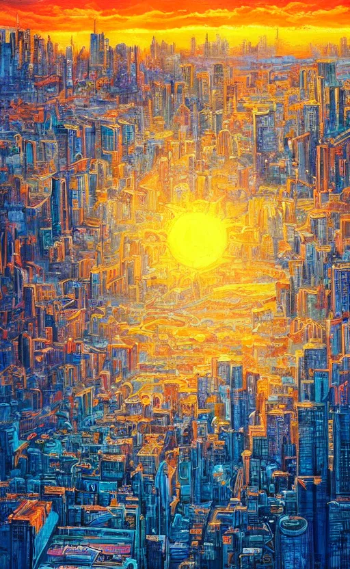 Prompt: an amazing beautiful detailed painting of a sunset over a cityscape. the colors are very vibrant and the view is stunning. vibrant colors, very funny, personal, positive, visually pleasing, engaging and contains humans. high resolution. high quality. hq hd. trending on artstation.