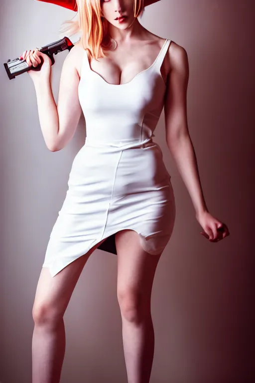 Prompt: magazine cover photo of cute sexy emily skinner cosplaying annie leonhart wearing tight white dress, wearing open toe heels, pale skin, glass studio, cinematic lighting, sharp focus, backlit, smooth, hard focus, glamour pose, full body shot