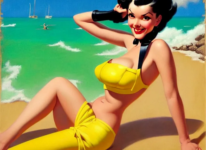 Image similar to the style of the artist gil elvgren, a girl with black hair, overwatch tracer, with a very beautiful symmetrical face, a smile on her face, tanned skin, in a yellow bikini, against the background of a sea beach, in art style, high detail, digital painting, hyperrealism