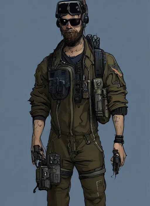 Image similar to Confident Ezra. clever cyberpunk mercenary wearing a cyberpunk headset, military vest, and pilot jumpsuit. bearded face. Realistic Proportions. Concept art by James Gurney and Laurie Greasley. Moody Industrial skyline. ArtstationHQ. Creative character design for cyberpunk 2077.