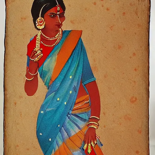 Prompt: painting of a women from maharashtra in saree from 2 0 th century making chapati