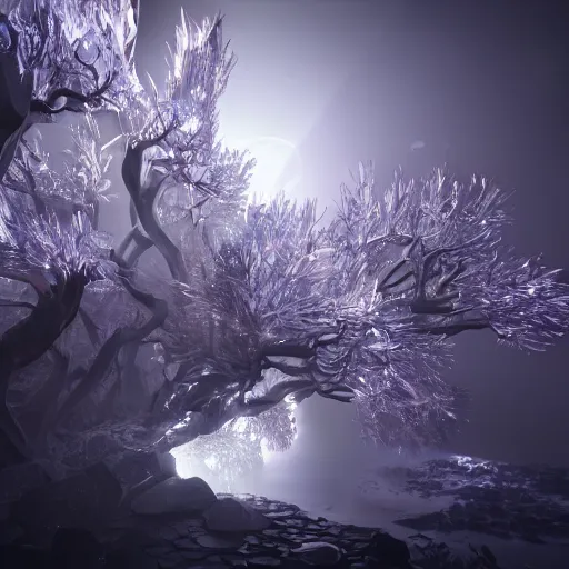 Image similar to crystal tree splash, closeup, extremely gloomy lighting, shining light and shadow, atmospheric, cinematic, unreal Engine, trending artstation hyperdetailed 8K