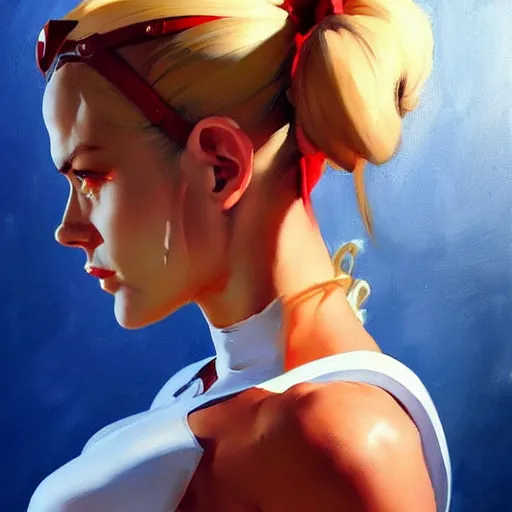 Image similar to Greg Manchess portrait painting of Cammy White as Overwatch character,, wacky, medium shot, asymmetrical, profile picture, Organic Painting, sunny day, Matte Painting, bold shapes, hard edges, street art, trending on artstation, by Huang Guangjian and Gil Elvgren and Sachin Teng