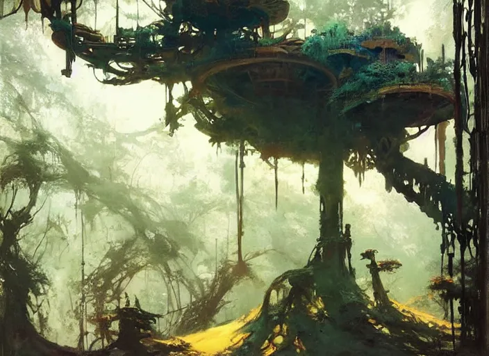 Image similar to treehouse interior, intricate, elegant, highly detailed, vivid colors, john harris, frazetta, tyrus wong, ruan jia, jeffrey catherine jones