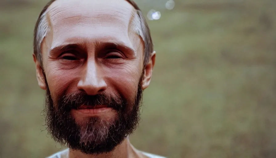 Image similar to far view, extremely skinny malnourished vladimir putin with long beard, wearing dirty overalls, dirty greasy face, grin, portrait, close up, kodak gold 2 0 0, 5 0 mm,