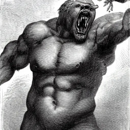 Image similar to full body grayscale drawing by Gustave Dore of muscled humanoid bear beast in heroic pose, swirling flames in background