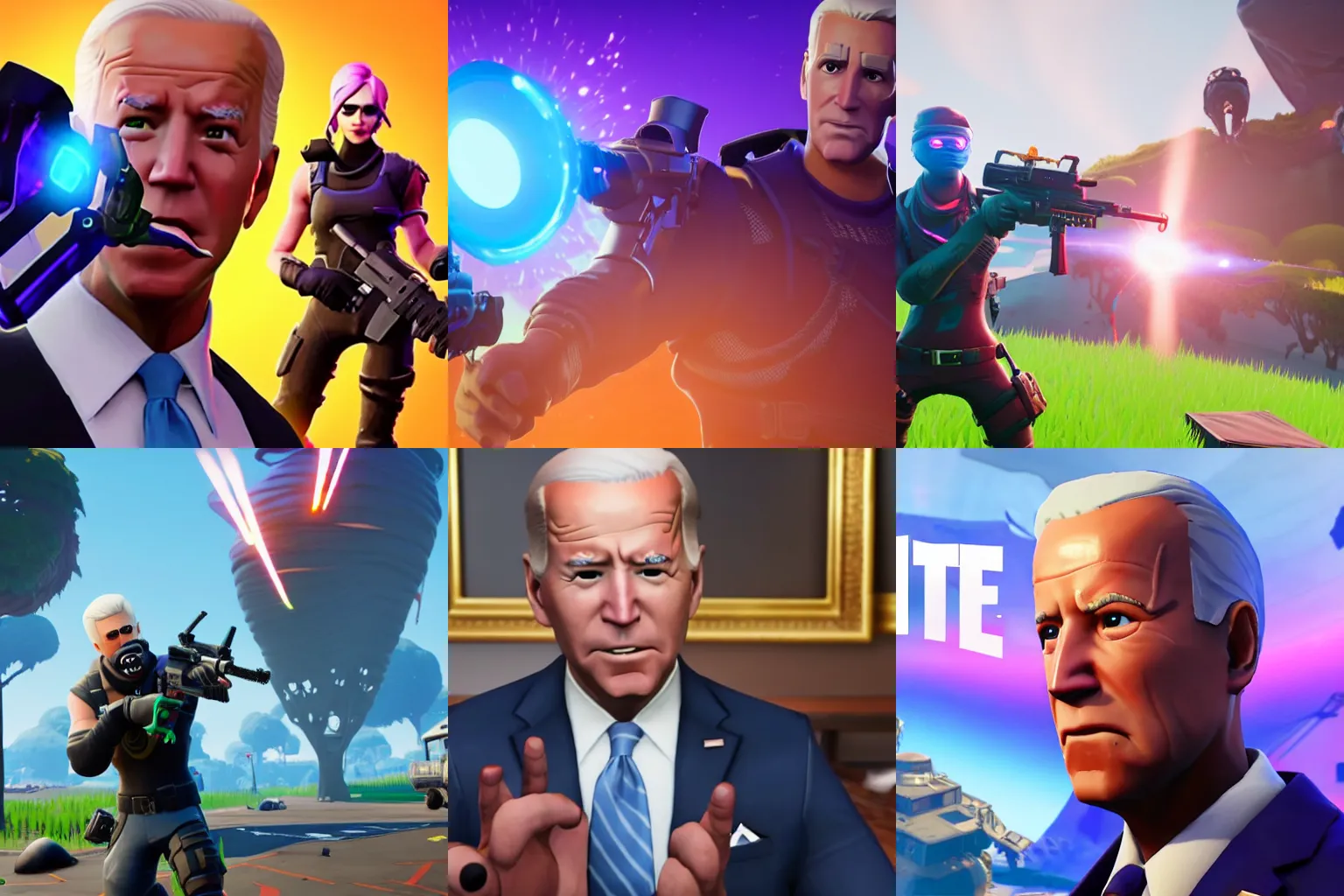 Prompt: A screenshot of Joe Biden wearing an eyepatch, laser eyes, in Fortnite, 3D, Unreal Engine, 4K UHD, RTX, DLSS,