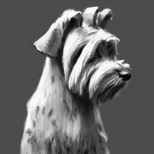 Image similar to portrait of stoic looking miniature schnauzer, military uniform, black fir, white eyebrows, fantasy, intricate, elegant, highly detailed, centered, dark, smokey, charcoal painting, digital painting, artstation, concept art, smooth, sharp focus, illustration, art by greg rutkowski