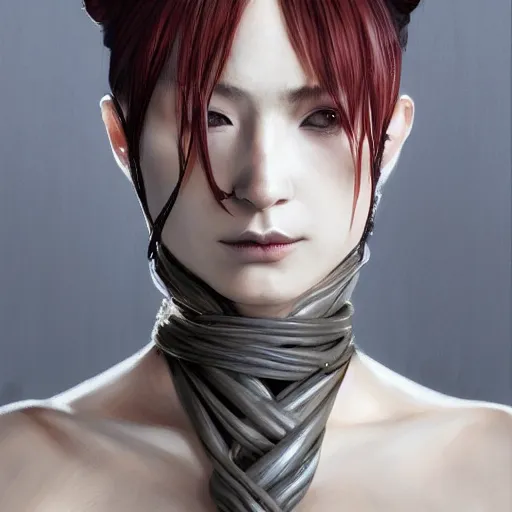 Image similar to portrait of a Shibari rope wrapped face and neck, headshot, insanely nice professional hair style, dramatic hair color, digital painting, of a old 15th century, old cyborg merchant, amber jewels, baroque, ornate clothing, scifi, realistic, hyperdetailed, chiaroscuro, concept art, art by Franz Hals and Jon Foster and Ayami Kojima and Amano and Karol Bak,