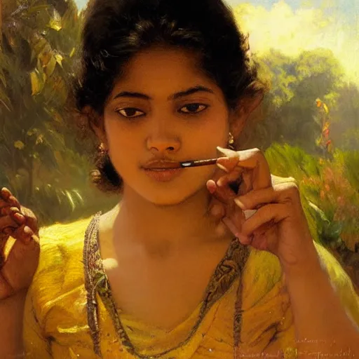 Image similar to detailed portrait of sri lankan girl smoking joint, girl graceful, eyes closed, painting by gaston bussiere, craig mullins, j. c. leyendecker