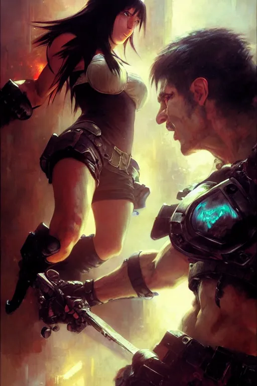 Image similar to tifa lockhart fighting the doom marine, portrait dnd, painting by gaston bussiere, craig mullins, greg rutkowski, yoji shinkawa