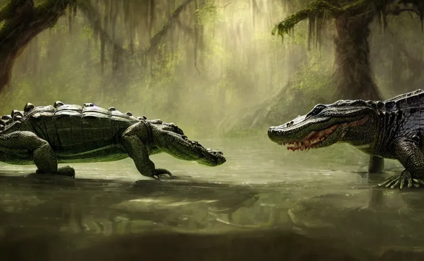 Image similar to a masterpiece of a huge alligator dragging colin farrell into the swamp, cinematic, fantasy, hyper detailed, digital painting, 4 k realistic, trending on artstation, sharp focus, john banovich, photographer art wolfe, light source on left