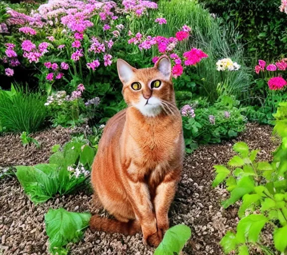 Image similar to photo - realistic picture of a brown cat in a garden.