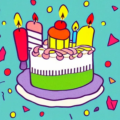 Prompt: birthday card, birthday cake with candles, cute illustration by claudia gadotti