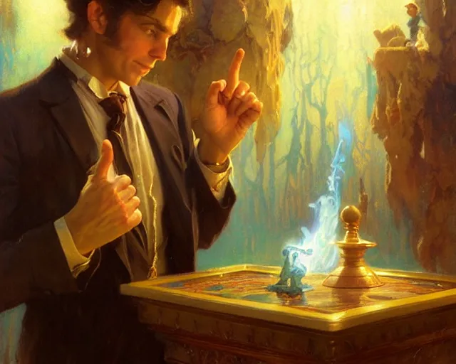 Image similar to attractive magician man, casting impossible magic. highly detailed painting by gaston bussiere, craig mullins, j. c. leyendecker 8 k