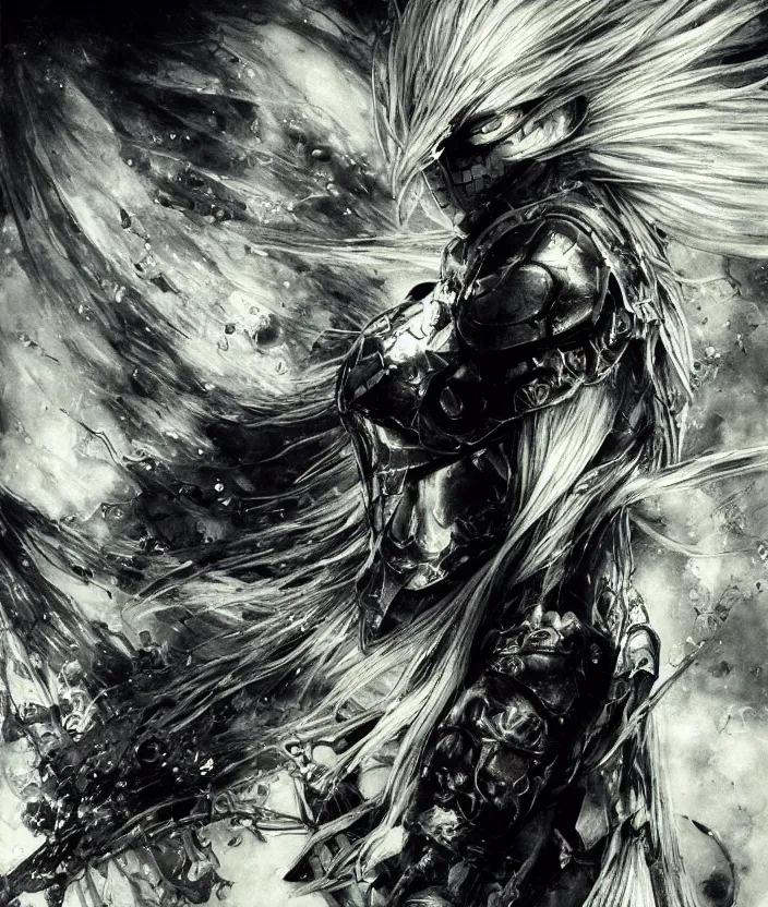 Prompt: Yoshitaka Amano realistic illustration of an anime girl with white hair and cracks on her face wearing dark souls armour with the cape fluttering in the wind, abstract black and white patterns on the background, noisy film grain effect, highly detailed, Renaissance oil painting, weird portrait angle