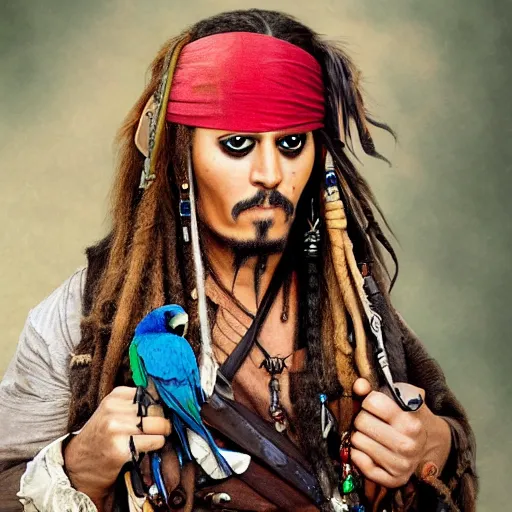 Prompt: jack sparrow with a parrot on the shoulder, portrait, professional photograph, 8k resolution, hyper detailed, realistic eyes