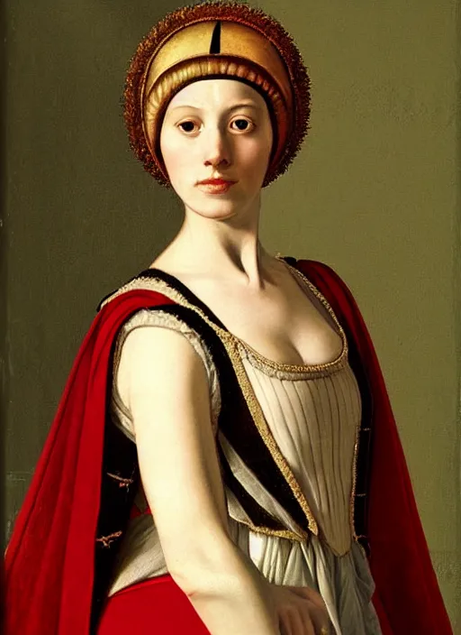 Image similar to portrait of young woman in renaissance dress and renaissance headdress, art by petrus christus