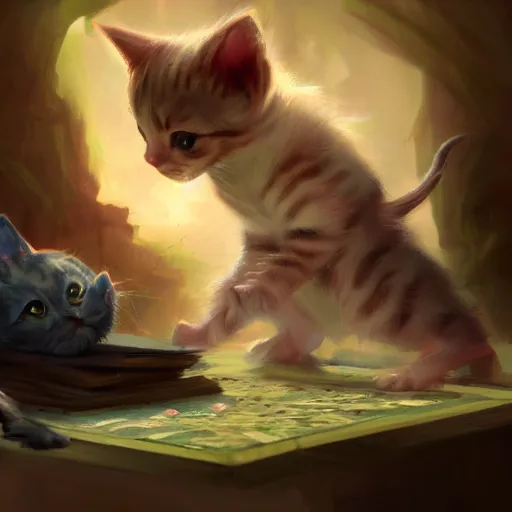 Image similar to a beautiful stunning fantasy whimsical matte digital concept painting of a kitten learning magic by kit faced and marc simonetti, magic the gathering, trending on artstation hq, contest winner, masterpiece, pastel color palette, 8 k resolution