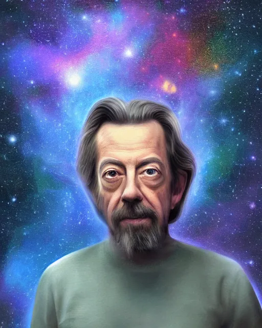 Image similar to alan watts floating in the universe portrait painting highly detailed procreate, 3d render senior artist, photorealistic, textured, featured on artstation