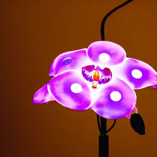 Image similar to an orchid flower, robotic, made of metal, shiny, LED lights, glowing