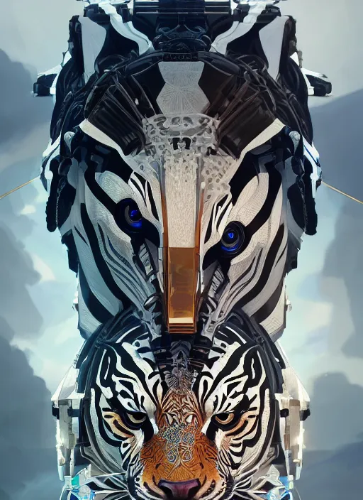 Image similar to symmetry!! portrait of a hybrid robot tiger, horizon zero dawn machine, intricate, elegant, highly detailed, digital painting, artstation, concept art, smooth, sharp focus, illustration, art by artgerm and greg rutkowski and alphonse mucha, 8 k