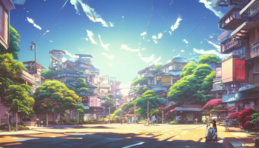 Image similar to A highly detailed matte painting of a suburban tokyo street with a bright shimmering sky by Studio Ghibli, Mokoto Shinkai, by Artgerm, by beeple, volumetric lighting, octane render, 4K resolution, trending on artstation, vivid colours