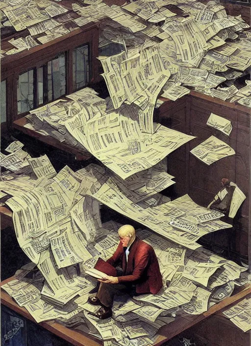 Prompt: one business man drowning in a huge pile of papers, painting by shaun tan, detailed, intricate, torn paper decollage, oil on canvas by edward hopper, ( by mattias adolfsson ), by moebius