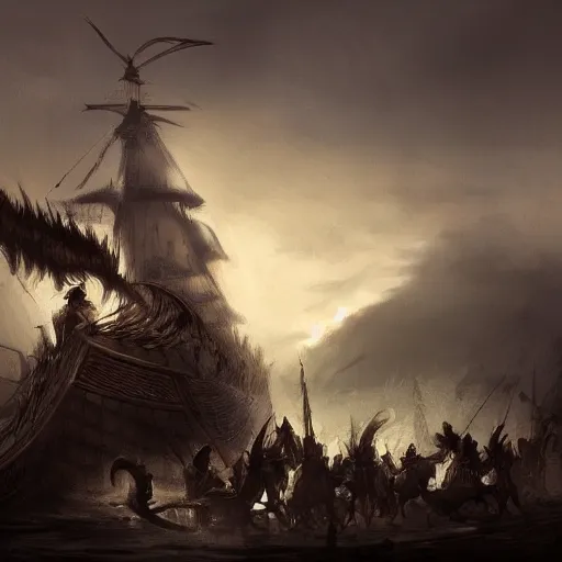 Image similar to knights dismounting off their longship to invade a village, dusk, cinematic, concept art, slight fog, high detail, wide shot, dynamic lighting, sharp focus, high resolution