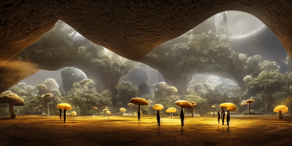 Prompt: Photorealistic exterior of a minimalist design mosque in giant glowing mushroom underworld dark cave, with domes and arches, people and androids wearing traditional japanese clothing. photorealism, UHD, amazing depth, glowing, golden ratio, 3D octane cycle unreal engine 5, volumetric lighting, cinematic lighting, cgstation artstation concept art