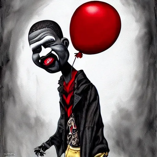 Image similar to grunge painting of kanye with a wide smile and a red balloon by chris leib, loony toons style, pennywise style, corpse bride style, horror theme, detailed, elegant, intricate