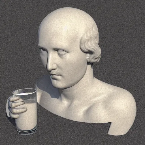 Image similar to a 3 d model of a white marble human head in a renaissance style holding a coctail, digital illustration, 3 d render, above the waist