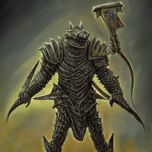 Prompt: lizard wearing knight armor, Lizardman, D&D, digital painting, highly detailed, concept armor, sharp focus