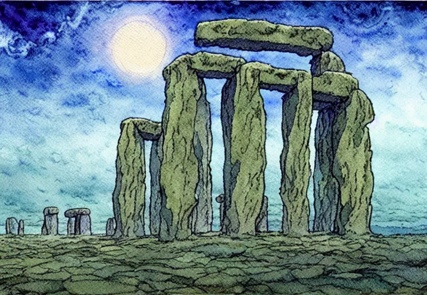 Image similar to a simple watercolor studio ghibli movie still fantasy concept art of stonehenge at the bottom of the ocean. a giant grey cube is floating in the air. it is a misty starry night. by rebecca guay, michael kaluta, charles vess