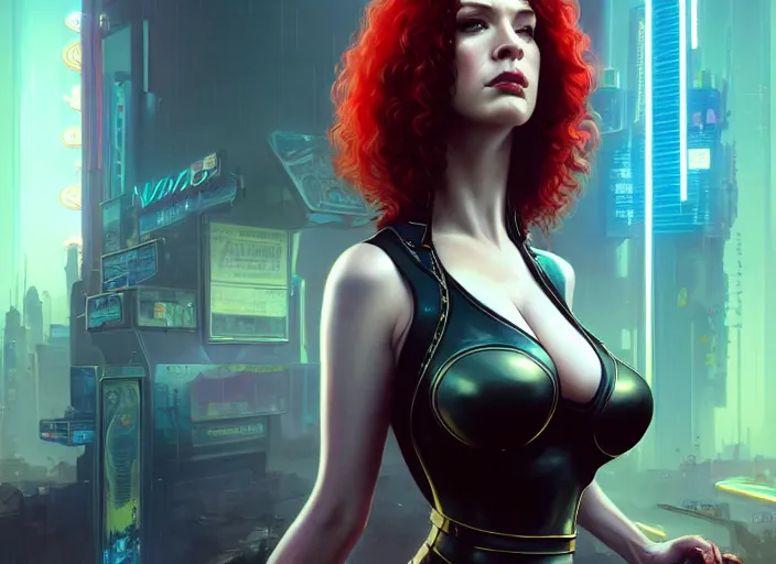 Image similar to wideangle shot of christina hendricks in cyberpunk 2 0 7 7, intricate, elegant, highly detailed, centered, digital painting, artstation, concept art, smooth, sharp focus, illustration, artgerm, tomasz alen kopera, peter mohrbacher, donato giancola, joseph christian leyendecker, wlop, boris vallejo