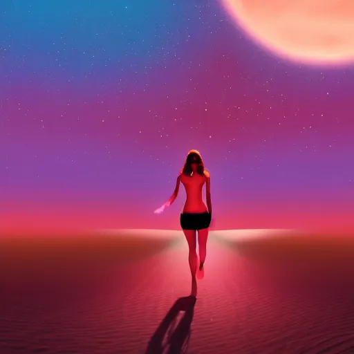 Image similar to A wide angle shot from below of a feminine body walking with swagger towards camera on mars in an infinite universe , synthwave digital art