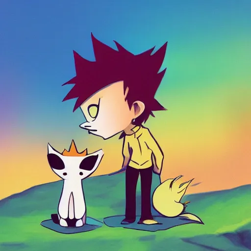 Prompt: the little prince, fox, sunset, gorillaz art style