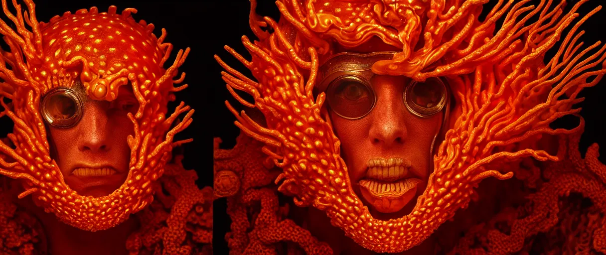 Image similar to hyperrealist highly detailed english medieval portrait of high fashion monster wearing flame fire smoke flame armor, radiating atomic neon corals, veiny network growth with neon uranium pattern, concept art pascal blanche dramatic studio lighting 8k wide angle shallow depth of field