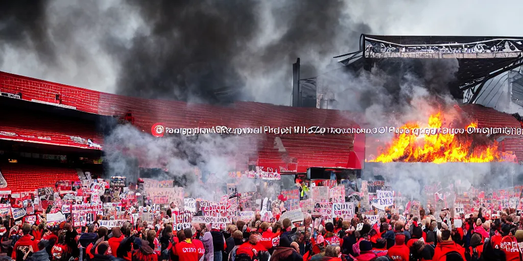 Prompt: old trafford theatre of dreams on fire during protest against the glazers, # glazersout, chaos, protest, banners, placards, burning, pure evil, 8 k, by stephen king, wide angle lens, 1 6 - 3 5 mm, symmetry, cinematic lighting