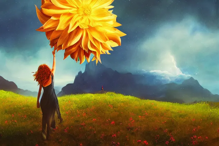 Image similar to giant dahlia flower over head, girl walking on mountain, surreal photography, stars, dramatic light, impressionist painting, storm clouds, digital painting, artstation, simon stalenhag