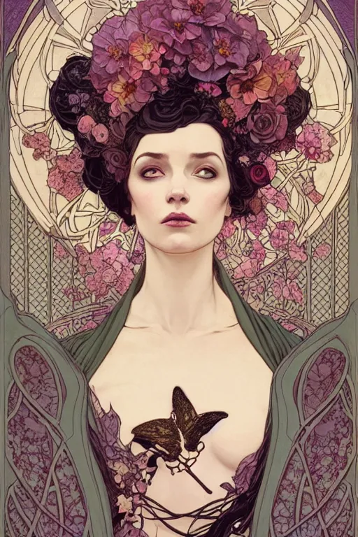 Image similar to full length portrait of a beautiful mysterious fairy with flowery headgear, no hands, by eve ventrue, michael carson, andreas rochas, john watkiss, casey weldon, artgerm. art nouveau. tarot card by mucha. gloomhaven. swirly intricate linework background. gaudy colors, sharp edges. octane render