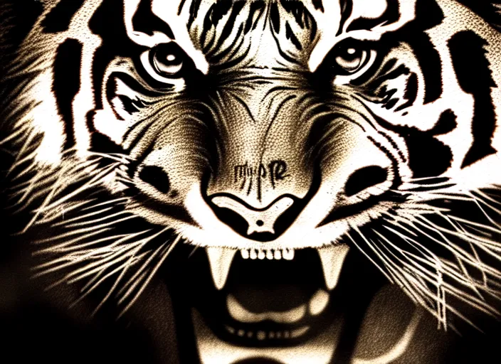 Image similar to an extremely detailed masterpiece grunge drawing of a tiger's face, in the style of richard avedon, after life, loony toons style, horror themed, detailed, elegant, intricate, trending on artstation, 4 k