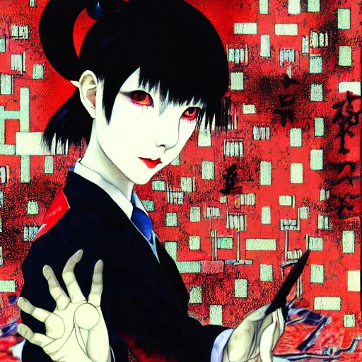 Image similar to yoshitaka amano blurred and dreamy realistic three quarter angle horror portrait of a sinister young woman with short hair, horns and red eyes wearing office suit with tie, junji ito abstract patterns in the background, satoshi kon anime, noisy film grain effect, highly detailed, renaissance oil painting, weird portrait angle, blurred lost edges