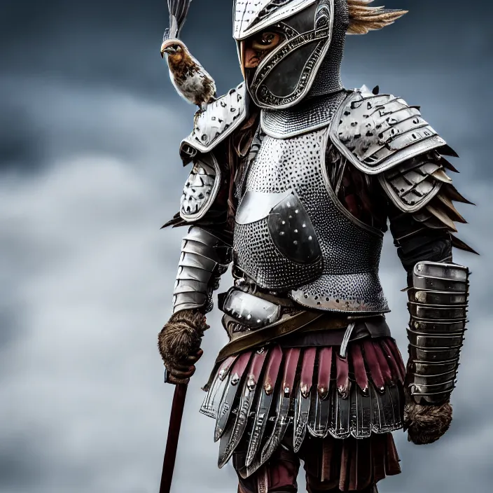 Image similar to full length photo of a warrior with falcon armour, highly detailed, 4 k, hdr, smooth, sharp focus, high resolution, award - winning photo