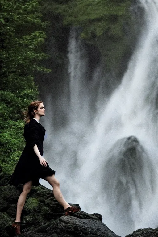 Prompt: intimate photo of emma watson walking through a waterfall, portrait in the style of petter hegre, sharp details, beautiful face, pale skin, rule of thirds, cinematic lighting, rainy weather, melancholy atmosphere, sharp focus, backlit, stunning, smooth, hard focus, full body shot, instagram photo, shot on iphone 1 3 pro max, hyper realistic
