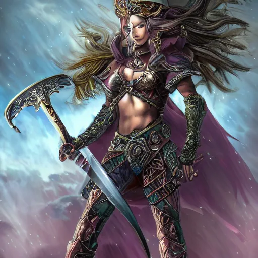 Image similar to a fantasy warrior woman with sword drawn and in hand, shield in the other hand in a heroic pose, beautiful exaggerated ornate armor with gem embedded in the center, cinematic, magical energy emanating from it, high resolution